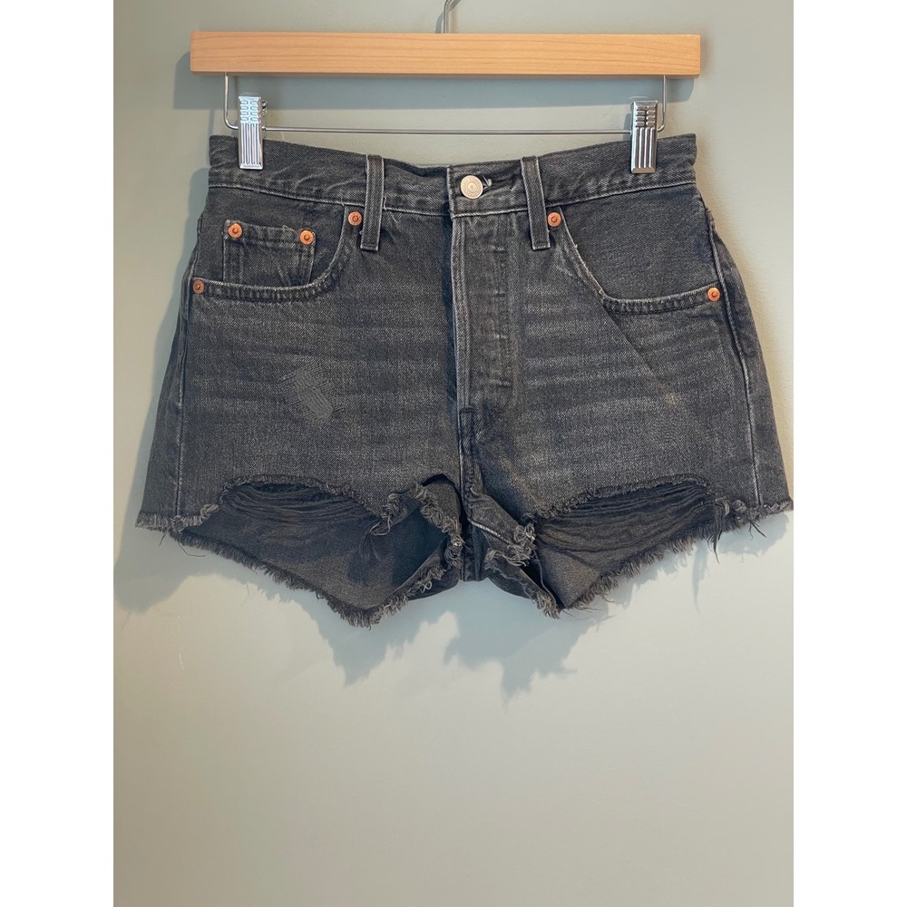 Levis Premium 501 Original High Rise Cut Off Denim Shorts Black Gray Womens